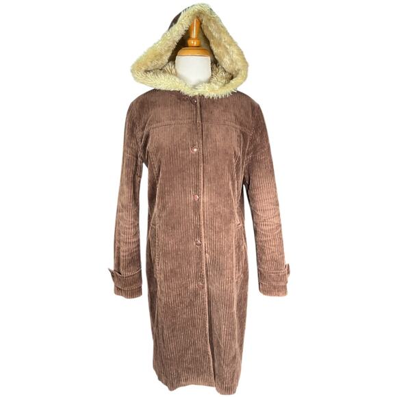 Nine West brown corduroy hooded Wide Whale lined trench Y2K large cotton Retro - Picture 4 of 11